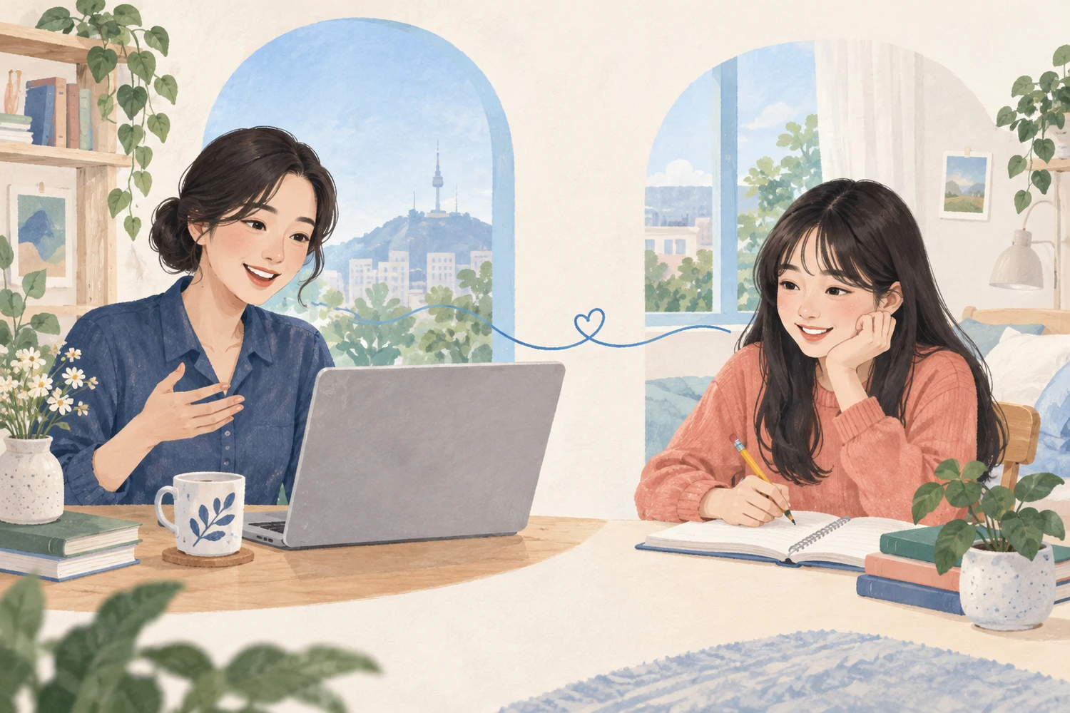 서로 다른 공간에서 대화하며 배우는 선생님과 학생의 온라인 수업 일러스트